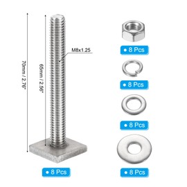 PATIKIL T Slot Bolts M8 x 65mm, 8 Set Square Head T Bolts Roof Rack Stainless Steel T Track Bolts with Nut Washers for Bike Ski Kayak Rack