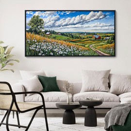 HKDGOKA Large Wall Art Living Room, Mountains Flower Landscape Blue Sky Clouds Landscape Canvas Paintings Cottage Framed Artwork for Bedroom Office Kitchen Room Wall Pictures Decor 29x58 IN