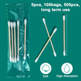 Individually Wrapped Cotton Swabs Bulk Pack, Double Round Tips Bamboo Stick Travel Size Swabs for Ear, Hygiene, First Aid & Makeup (500 Count(100 Bags/5-count-pack))