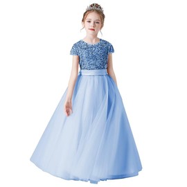 Party Wear Gown for Kids Junior Bridesmaid Dresses Baby Blue Puffy Tulle Sequins Dress Girls Birthday Party Gown Baby Blue 4