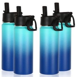 Volhoply 18oz Insulated Water Bottle Bulk 4 Pack,Kids Stainless Steel Water Bottles with Straw Lid,Double Wall Vacuum Metal Cups,Wide Mouth Reusable Sports Flask Keep Hot and Cold(Green Blue,4 Set)