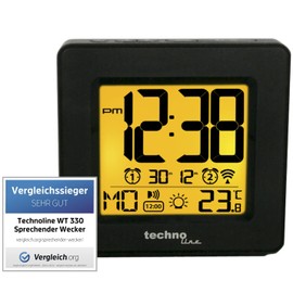 Technoline Sprechender Funkwecker WT 330 mit Ansage von Uhrzeit und Temperatur sowie Innentemperaturanzeige, 10.2 x 3.2 x 9.8 cm, Schwarz