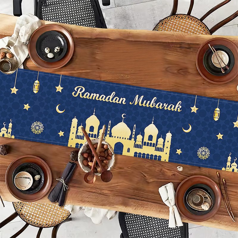Eid Mubarak Table Runner Decoration, Ramadan Blue and Gold Table