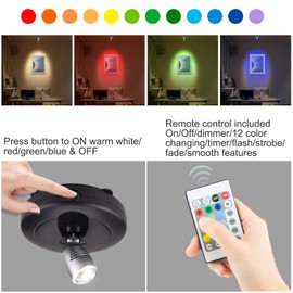 LUXSWAY Battery Operated LED Spot Lights Indoor,Wireless Accent Lights with Dimmable,12 Color Changing Puck Light with Remote,Closet Lights with Rotatable Light Head,Stick on Dartboard Lighting-Black