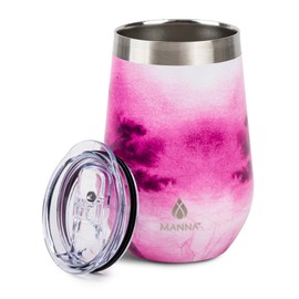 Manna Double Wall Insulated Stainless Steel Stemless Wine Cup Tumbler with Splash-Proof Sliding Lid - 12 Oz - Pink Swirl