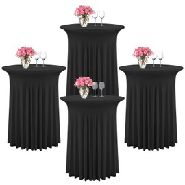 Showgeous 4 Pack Round Cocktail Tablecloths with Skirt 32"x 43" Black Spandex Stretch Cocktail Table Covers with Wavy Drapes Fitted High Top Table Covers for Wedding Party Banquet