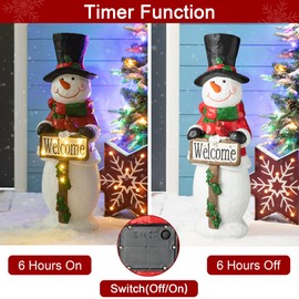 Glitzhome Lighted Christmas Snowman Porch Sign Resin Holiday Statue Front Door Decoration with Timer, 29.25in High