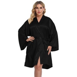 Women's Plus Size Satin Kimono Robes Short Silk Bathrobe Bridesmaid Wedding Party Nightgown Sleepwear Black