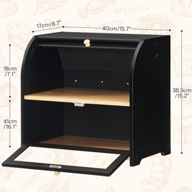 HOOBRO Bread Box, Bamboo Bread Box for Kitchen Countertop, 2 Tier Roll-Top Bread Bin, Food Storage Box, Large Capacity Keeper, Wooden Storage Cabinet, for Kitchen, Dining Room, Black BK13MB01