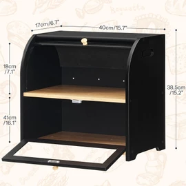 HOOBRO Bread Box, Bamboo Bread Box for Kitchen Countertop, 2 Tier Roll-Top Bread Bin, Food Storage Box, Large Capacity Keeper, Wooden Storage Cabinet, for Kitchen, Dining Room, Black BK13MB01