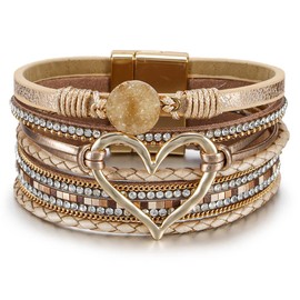 Leopard Bracelet for Women, Boho Leather Wrap Multi-Layer Pearl Crystal Bracelet Bangle Jewelry (Heart Leather1)