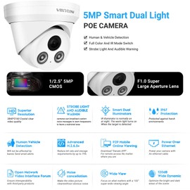 VIKYLIN 5MP IP POE Security Camera with Smart Dual Light Full Color Night Vision,Built in Mic,Active Deterrence for Human Detection,2.8mm Lens,IP67 Outdoor Turret IP Camera