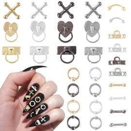 HINZIC 90Pcs Vintage Punk Alloy Nail Charm 3D Heart Cross Hollow Hanging Rings Latch Metal Nail Art Charm for Gothic Design Manicure Jewelry Accessories Supplies Valentine Decoration