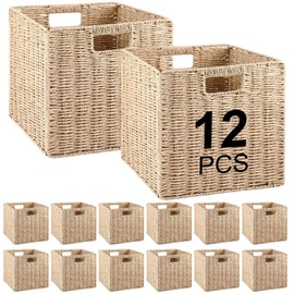 Vesici 12 Pcs Wicker Baskets Storage 11 Inch Foldable Large Woven Wicker Basket with Handles for Organizer Shelves Pantry Living Room(Beige)