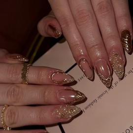 Medium Press on Nails Almond Gold French Tip Fake Nails with 3D Rhinestone Gold Chrome Designs Full Cover Stick on Nails Artificial False Nails for Women 24 Pcs (Gold-13, M-13)