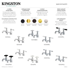 Kingston Brass KS1102PL Heritage Basin Faucet with Porcelain Lever Handle, 4-3/8 inch Spout Reach, Polished Brass