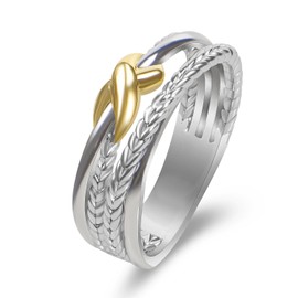 YURSHJAM 18K Gold-plated Designer X Crossover Band Ring Luxury Brand Jewelry Two-Tone Twisted Cable Rings for Women Gift (Size 7)