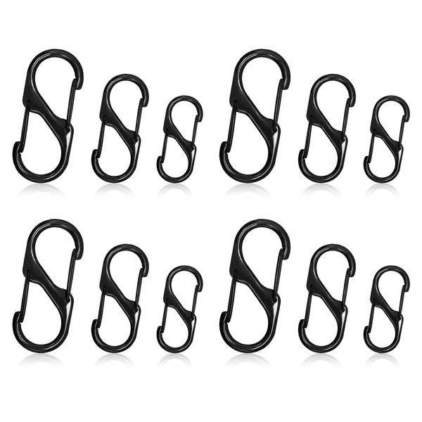 SZXMDKH 12PCS S Carabiner Keyring Clip, 3 Sizes Dual Spring Opening Keychain Clip, S Ring Locking Carabiner Buckle Double Clip Hook for Outdoor Hiking Fishing Camping