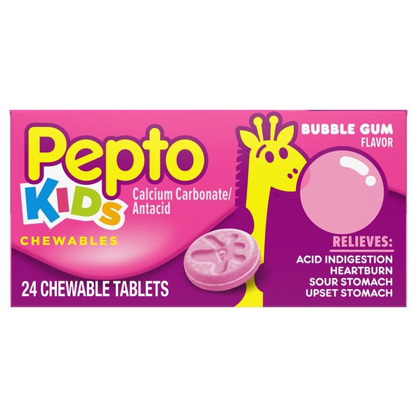 Pepto Kid's Bubblegum Flavor Chewable Tablets for Heartburn, Acid Indigestion, Sour Stomach, and Upset Stomach for Children 24 ct
