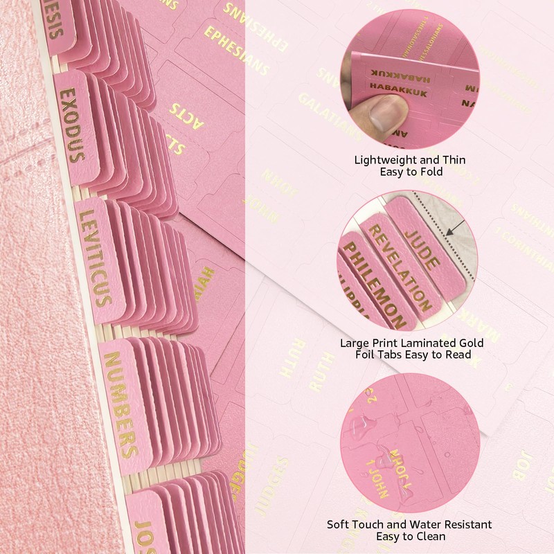 Erilano Pink Bible Tabs for Women - 80 Gold Foil