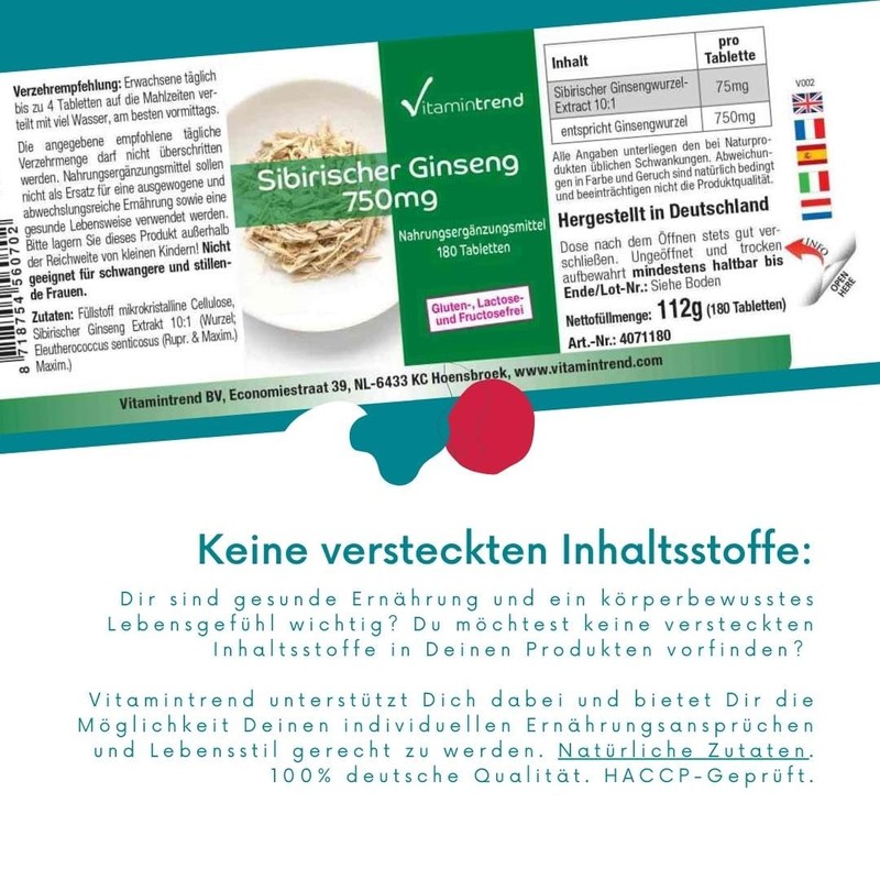 Siberian Ginseng 750 mg - 180 Vegan Tablets - High