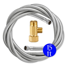 Brass Water Line Splitter and Hose for Refrigerator Ice Maker Kit, 15' Braided Stainless Steel Fridge Supply Tubing with 1/4" Compression Fittings and 1/4" x3/8" x/3/8" Valve Connector (15 FT)