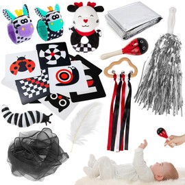 FNYUN 11pcs Sensory Toy Kit, Newborn Toys Black and White Sensory Cards, Baby Sensory Toy Set for 3 6 9 12 Months Babies