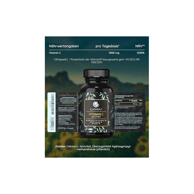 Vitamin C 375 Capsules 1000mg per Daily Dose, High Dose,