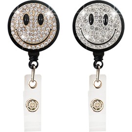 Bling Silver Happy Face Badge Reel, Cute Badge Holder Retractable with ID Clip for Nurse Accessories Labels Indexesand Stamps for Work, Funny Badge Holder Reels with Swivel Alligator Clip Supplies
