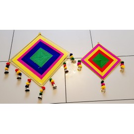 Exclusive 2 pack Assorted Multi Color Kite Shape Decor Hanging Woolen Indian Traditional Handmade Unique Door and Wall Hanging Kite Shape Cotton Home Decor (Small and Medium)