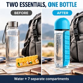 2 in 1 Water Bottle with 7 Day Pill Organizer – 20.3 oz BPA Free Drinking Bottle for Travel Outdoor and Daily Use