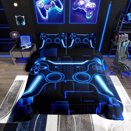 Erosebridal Kids Gamer Comforter Sets Queen Size Blue Game Bedding Set for Boys Teens Girls Bedroom Decor Gaming Ombre Comforter Neon Geometric Square Grid Duvet Set 3Pcs,Soft
