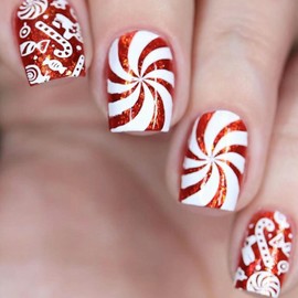 Christmas Press on Nails Short Square Fake Nails with Candy Canes Designs Red Glitter Nails Press ons Xmas Glue on Nails White False Nails Artificial Stick on Nails for Women 24 Pcs