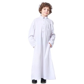 Kids Arabic Thobe Muslim Thobe Long Sleeve Kaftan Stand Collar Kaftan Embroidered Robe Solid Color Arab Tobes Button Closure Islamic Arabic Abaya Clothes with Pockets for Boy White Button 7-8 Years