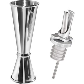 Poura Jigger and Measuring Cup Bar Set - Double Jigger with ClickSeal Quick Pourer - Dishwasher Safe, Universal Cocktail Accessories