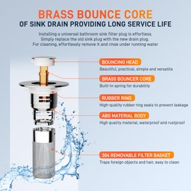 2 x Bathroom Sink Drain Strainer, Pop-up Sink Drain Strainer with Removable Stainless Steel Strainer Basket Hair Catcher