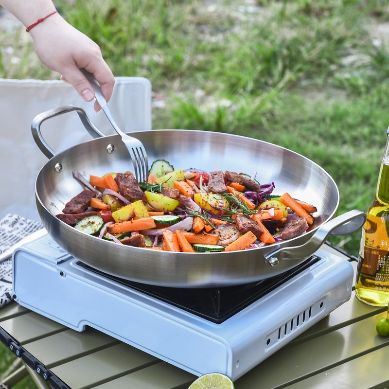 Inqibee 14-Inch Tri-Ply Stainless Steel Paella Pan,Large Skillet,Griddle Pan,Large Frying