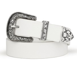 SUOSDEY Western Belt for Women Men, Cowboy Cowgirl Leather Belt for Jeans Vintage Engraved Belt Strap with Floral Buckle white