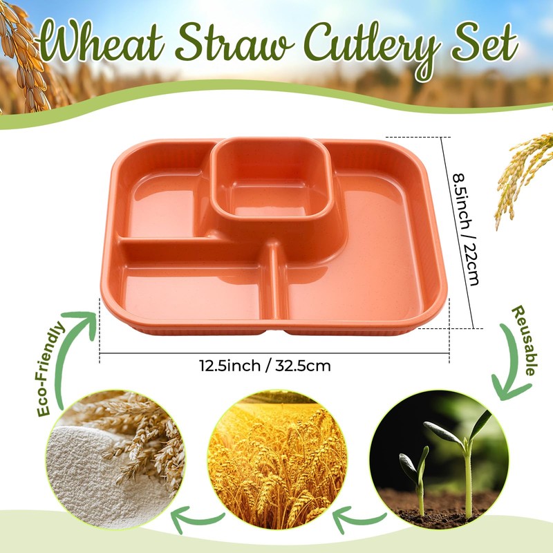 Pinkunn 8 Pcs 10'' Divided Plates Unbreakable Wheat Straw Dinnerware