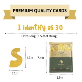 Meowoo Pre-Strung Funny Birthday Banner - I Identify as 30 - Glittering Gold, Adult Birthday Decorations for 21st, 30th, 40th, 50th, 60th, 70th, 80th