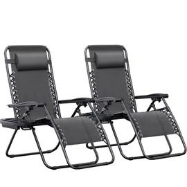 Greesum Zero Gravity Chairs Set of 2 Adjustable Steel Mesh Recliners Beach Deck Lawn Camping Patio Foldable Lounge Chair with Cup Holder Trays and Pillows,Dark Black