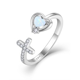 JIWOY Women's Cross Ring Heart Cut White opal Adjustable Rings 925 Sterling Silver Christian Baptism Gift Size 6