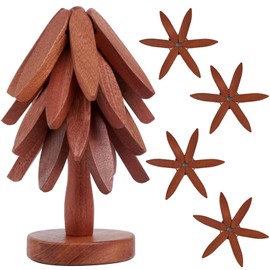 Set of 4 Wooden Trivets Foldable Heat Resistant Pots and Pans Hot Dishes Wooden Mat Kitchen Table Accessories 8" Diameter Tree Shape Trivet Set Coasters (Walnut)