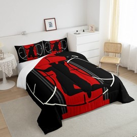 Basketball Comforter for Boys Kids Girls Sports Games Comforter Set Full Size Home Decor Red and Black Bedding Set Basketball Court All Season Teens Bedroom Down Duvet,1 Comforter with 2 Pillowcase