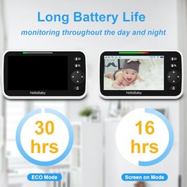 HelloBaby No WiFi Baby Monitor 5" Screen 30-Hour Battery Pan-Tilt-Zoom Video Upgrade with Camera and Audio, Night Vision, VOX, 2-Way Talk, 8 Lullabies