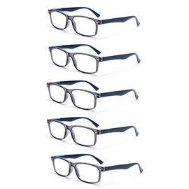 EYE ZOOM 5 Pack Unisex Rectangular Vintage Plastic Frame Reading Glasses for Men and Women, Gray, +2.25