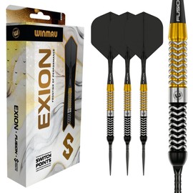 WINMAU Darts - Exion 24g Steel Tip Dart Set | Professional 90% Tungsten Darts Set | Switch Point Tech | Onyx & Gold Parallel Barrels | 2x Interchangeable Points (Wave/Smooth) Rapid-Change System