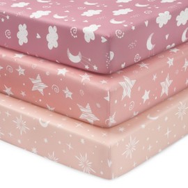 FIEMOL Baby Crib Sheets Girl, 3 Pack Toddler Bed Sheets Fit for 52”x28” Standard Crib and Toddler Mattresses, Super Soft Microfiber Pink Stars
