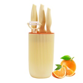 Kitchen Knife Set, 6-Pieces Luxury Wooden Coating Knife Set, Light Wood Grain Handle, Stainless Steel Non-stick Non-slip l Sharp Blade Chef Knife Set with Cylindrical Knife Block for Gift(Purple)