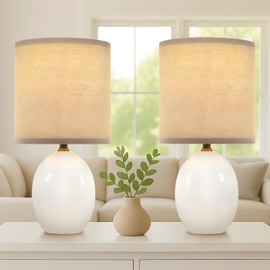 Dawnwake 17.3" Table Lamp Set of 2 for Living Room Bedroom, Bedside Lamps for Night Stands, Desk Nightstand Lamp Dimmable, Modern Linen White Ceramic Lamps